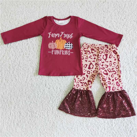 Tricolor Pumpkin Burgundy Top Burgundy Sequined Flared Pants Set