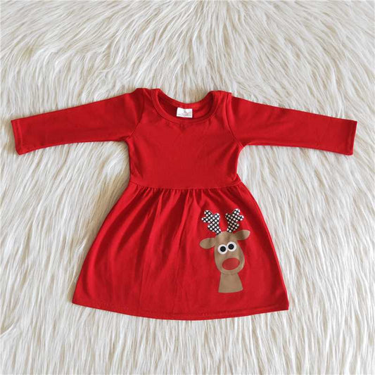 Christmas red deer print long sleeve dress