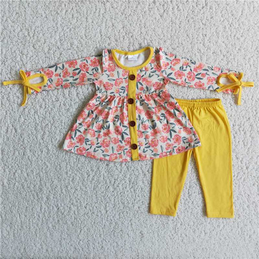 yellow legging pants flowers button dress top girl set