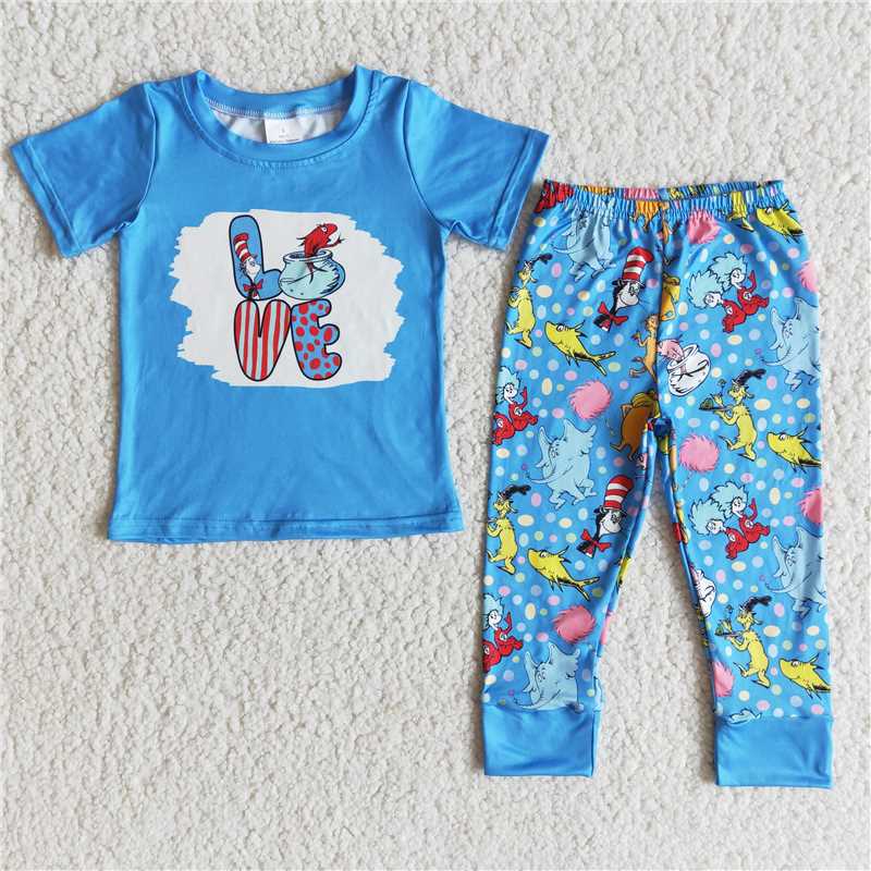 E6-28 boy dr Valentine's Day blue short-sleeved trouser suit