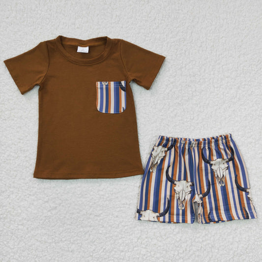 BSSO0149 Boys Bull Head Vertical Stripe Brown Pocket Short Sleeve Shorts Set