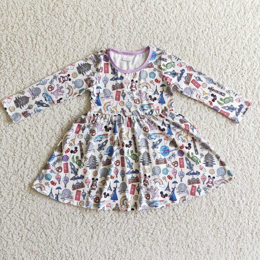 GLD0160 baby clothing long sleeve kids dresses for girls milk silk cartoon print