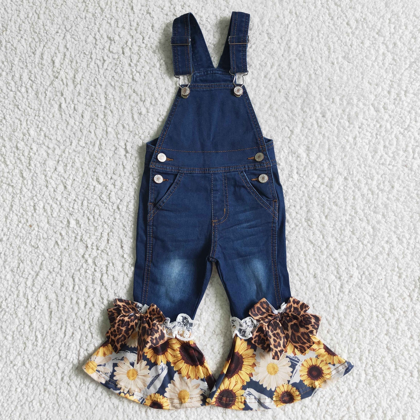 P0028 girls clothes sunflowers print plaid suspender jeans