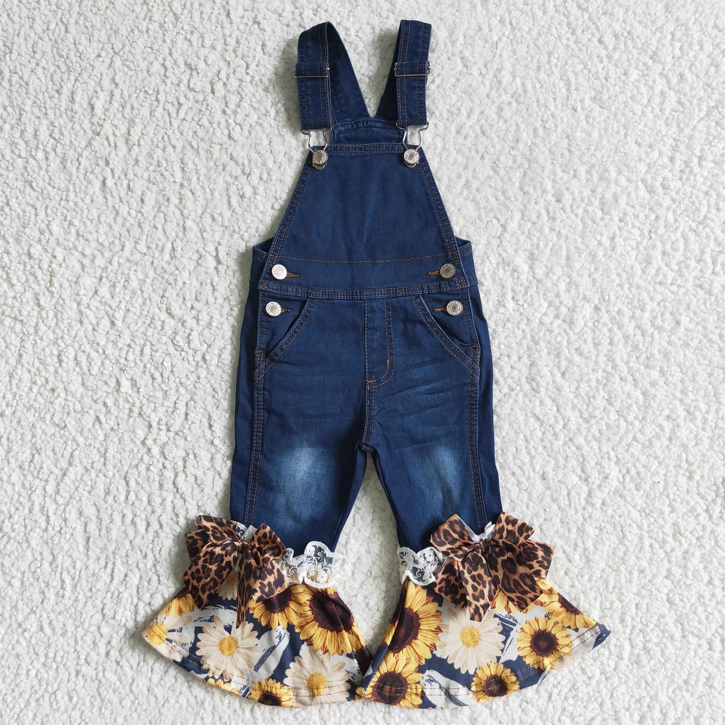 P0028 girls clothes sunflowers print plaid suspender jeans
