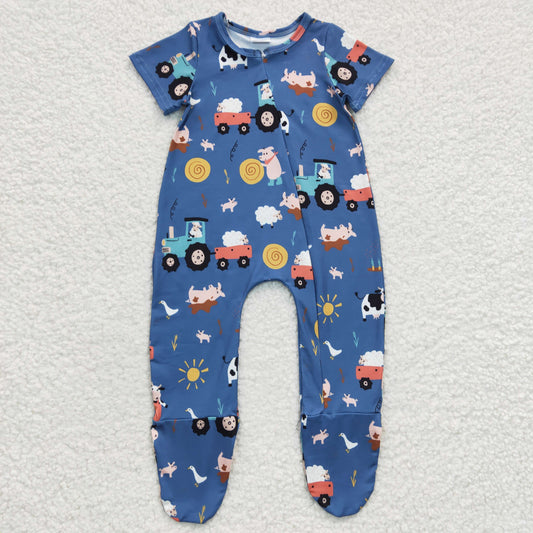 SR0195 Cow Car Sun Blue Short Sleeve Bodysuit