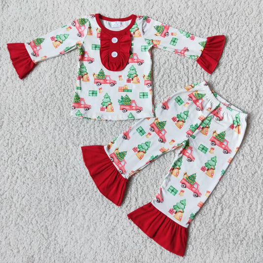 6 B3-38 2pcs Christmas car long sleeve match girl's pjs outfits