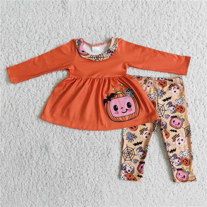 RTS NO MOQ ETA 5/7days 6 B4-40 2pcs long sleeve match girl's pumpkin outfits