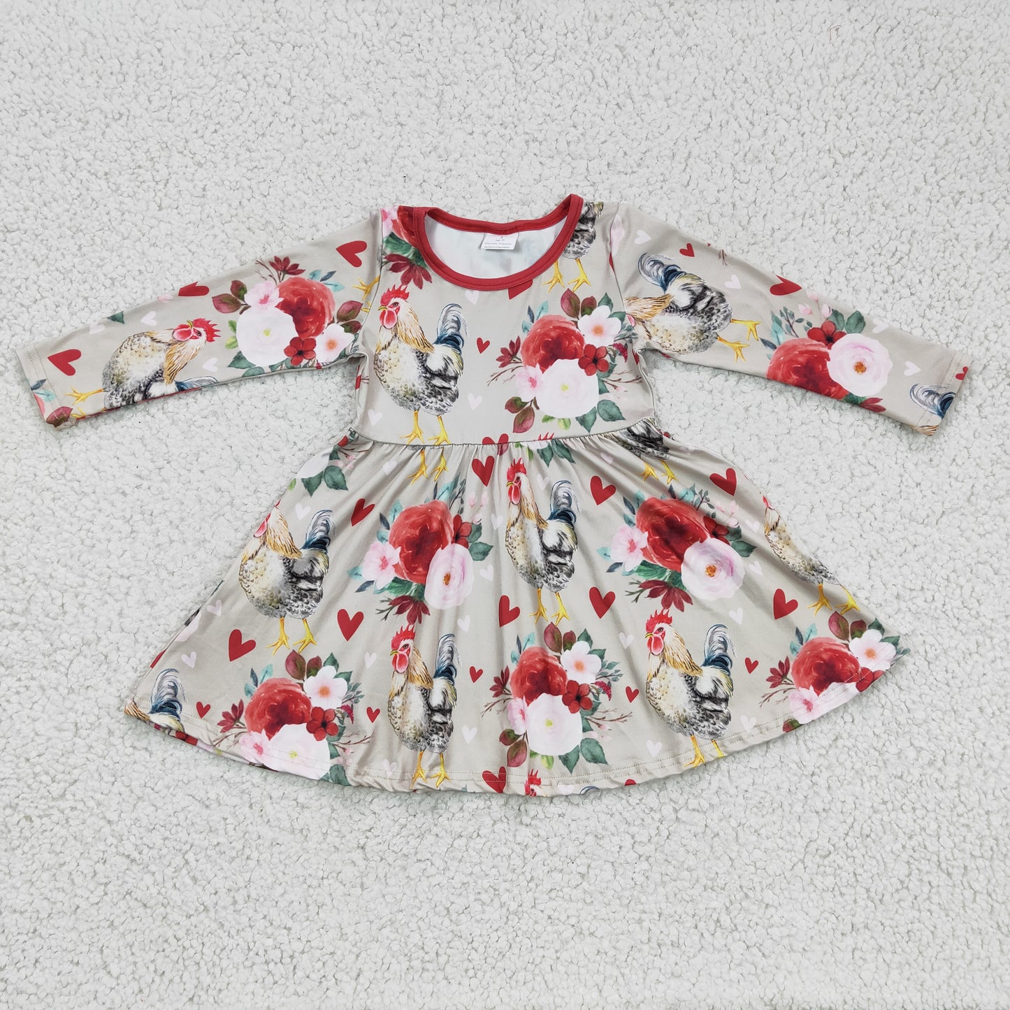 RTS NO MOQ ETA 5/7days Arrived GLD0163 Valentine's Day baby clothing long sleeve kids dresses for girls milk silk Rooster print