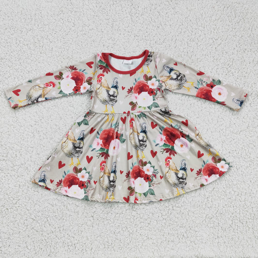 RTS NO MOQ ETA 5/7days Arrived GLD0163 Valentine's Day baby clothing long sleeve kids dresses for girls milk silk Rooster print