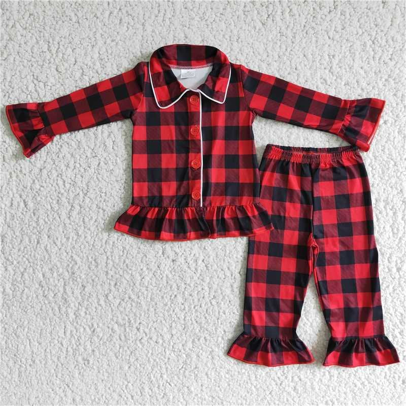 6B2-39 girls clothing red and black plaid button pajamas kid's pajamas