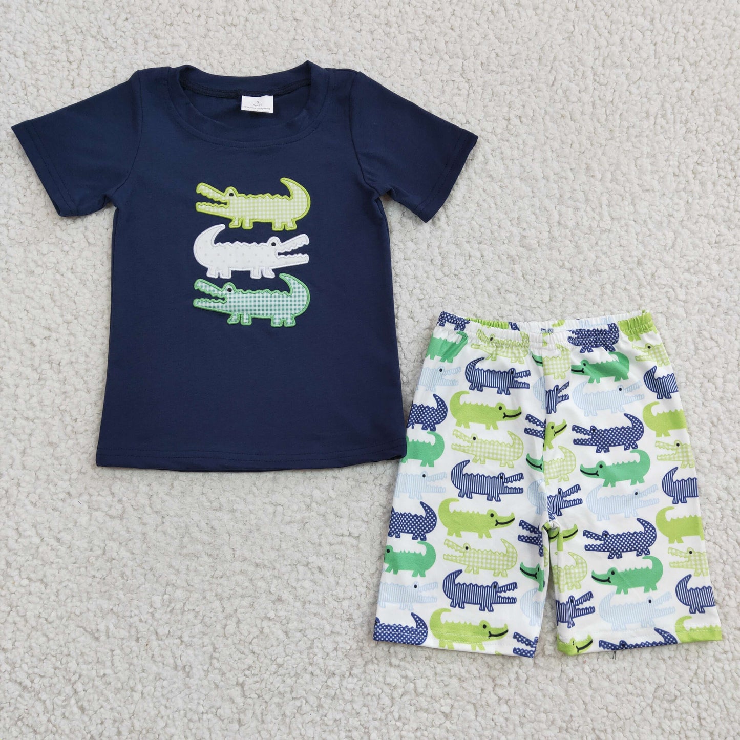 BSSO0132 Boys Embroidered Crocodile Navy Short Sleeve Shorts Set