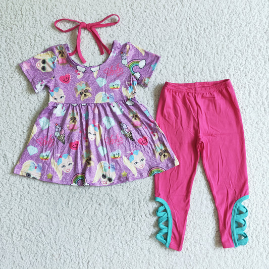 Girls outfit short sleeve long pants set cartoon print