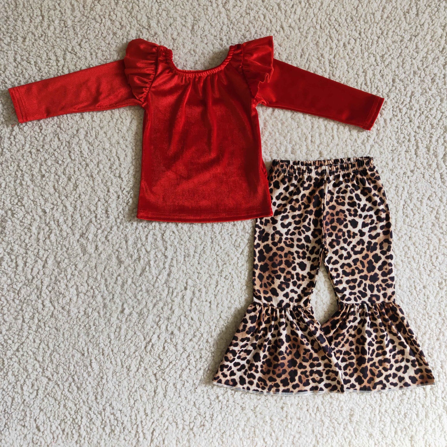 GLP0312 girls outfit red gold velvet long sleeve and long leopard pants