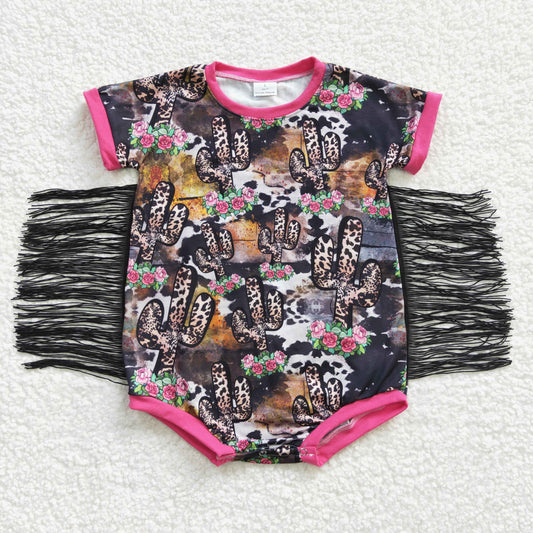 SR0108 Leopard Cactus Fringed Short Sleeve Bodysuit