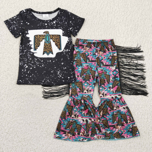 GSPO0209 Girls Leopard Gem Eagle Black Short Sleeve Tassel Pant Set