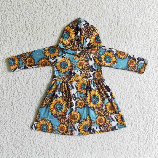 GT0028 baby clothing long sleeve Leopard Sunflower print kids dresses for girls with a hat milk silk