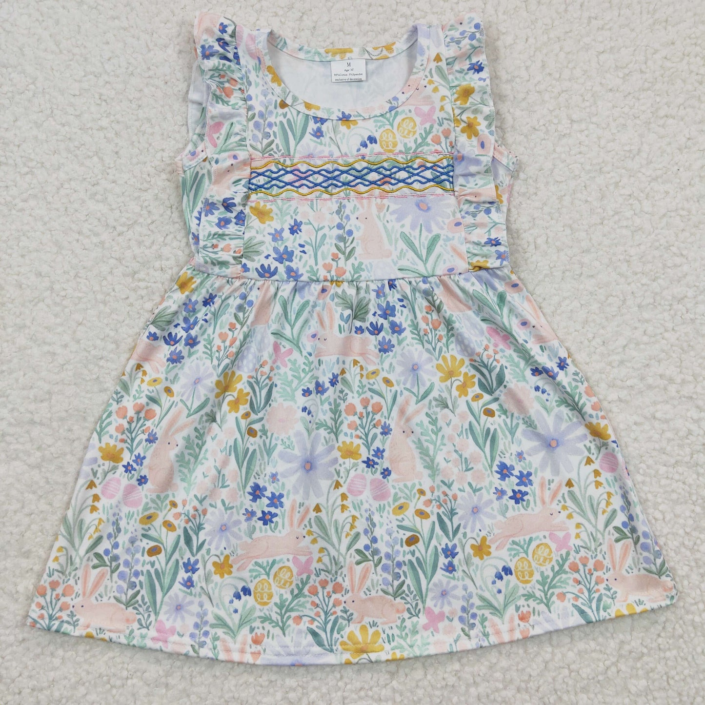 GSD0272 Girls Embroidered Rabbit Flower Blue Flying Sleeve Dress