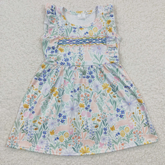 GSD0272 Girls Embroidered Rabbit Flower Blue Flying Sleeve Dress