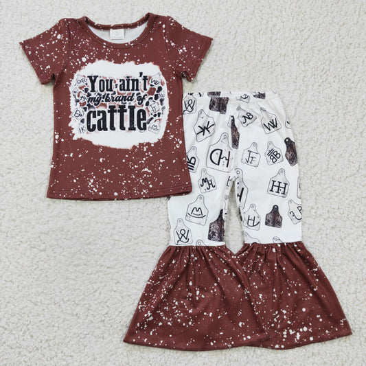 GSPO0355 Girls Cattle Symbol Brown Short Sleeve Pants Set