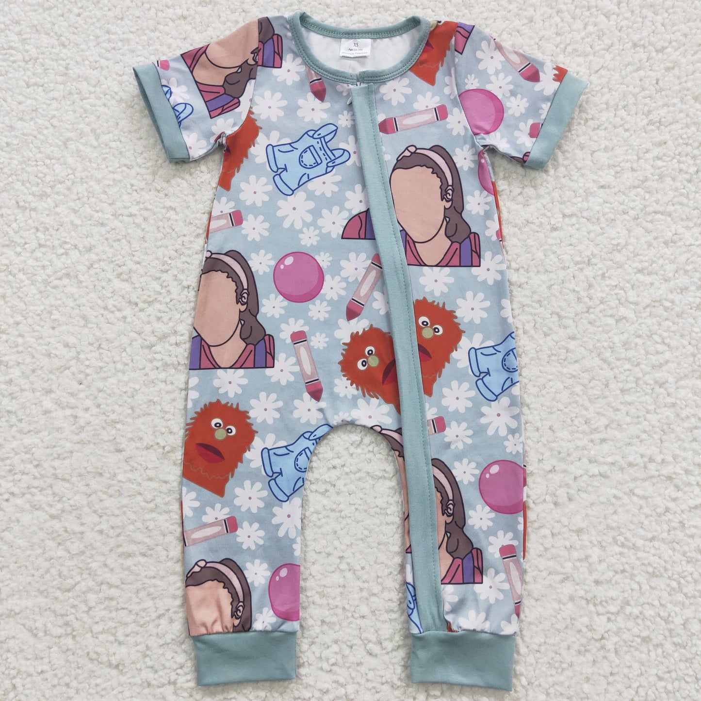 SR0347MRs Rachel cartoon blue short sleeve jumpsuit 0-3M -2T