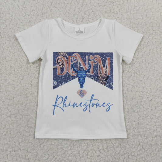 GT0133 Girls DENIM blue bull head white short-sleeved top