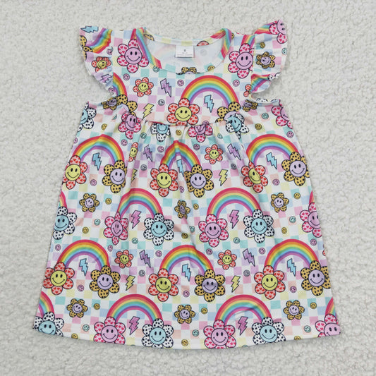 RTS NO MOQ GSD0324 Rainbow Smiley Pink Flying Sleeve Dress