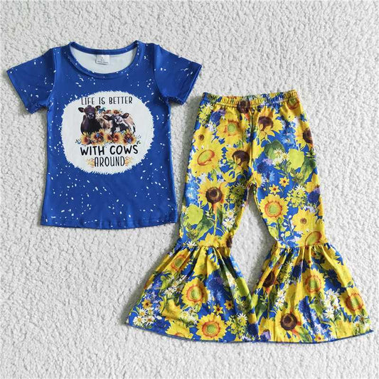 rts no moq GSPO0071 Kids Clothing Girls Short Sleeve Top And Long Pants Cow And Sunflower Print