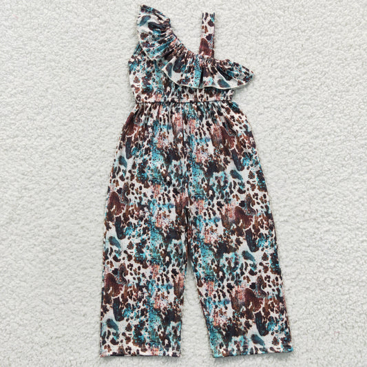 SR0366 Girls ink pattern blue one-sided sleeve jumpsuit