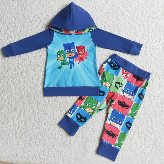6 A9-19 2pcs cartoon blue long sleeve match boy's pjs outfits
