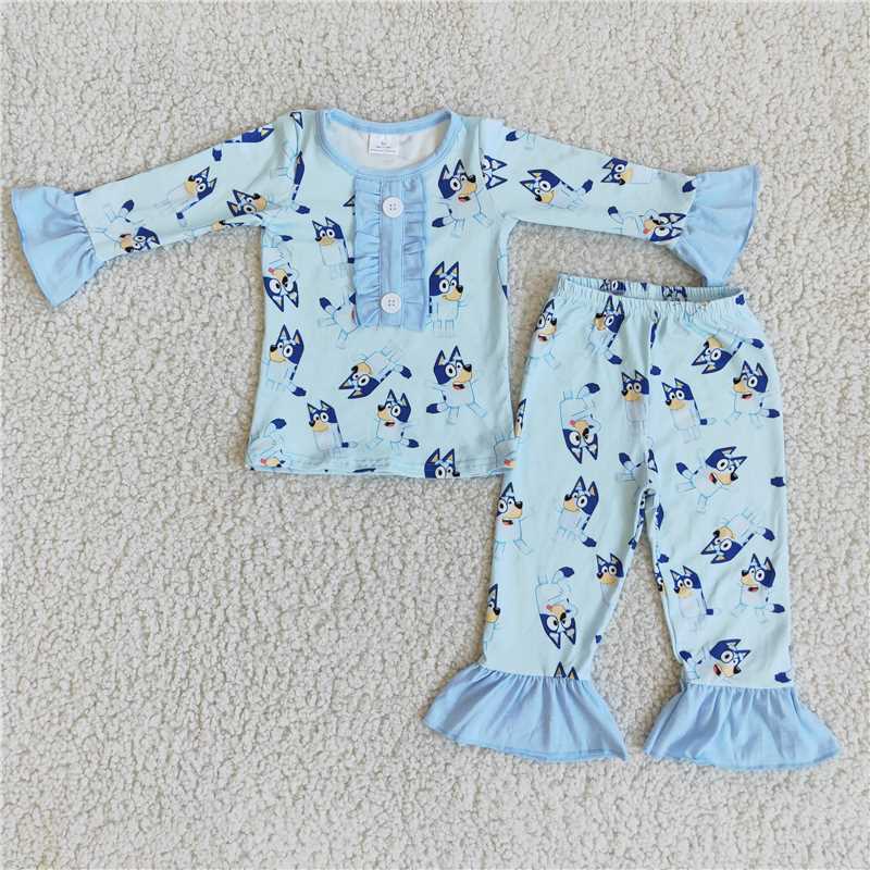 6 C9-16 2pcs cartoon light blue long sleeve match girl's pjs outfits