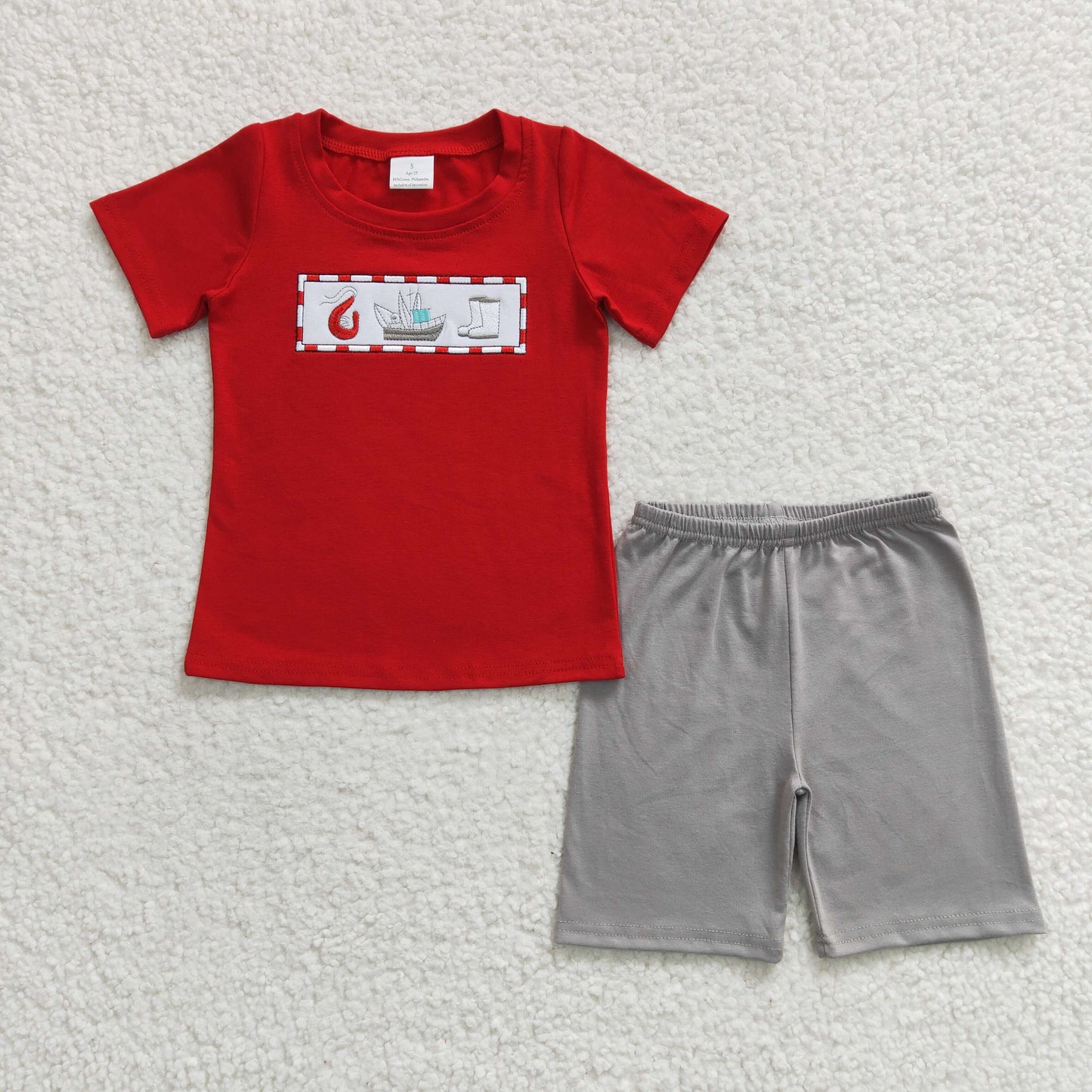 BSSO0144 Boys Embroidered Boat Boots Red Short Sleeve Shorts Set