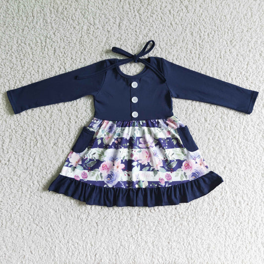 GLD0052 girls dress fall winter  baby clothing over knee  long sleeve dress flower print milk silk