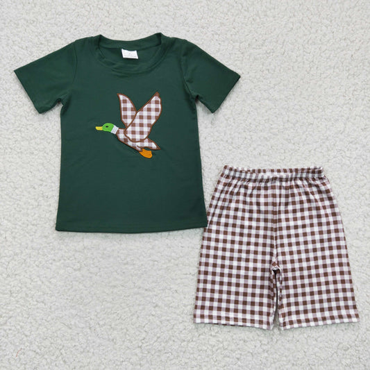 BSSO0117 Boys Embroidered Rice Duck Green Short Sleeve Plaid Shorts Set