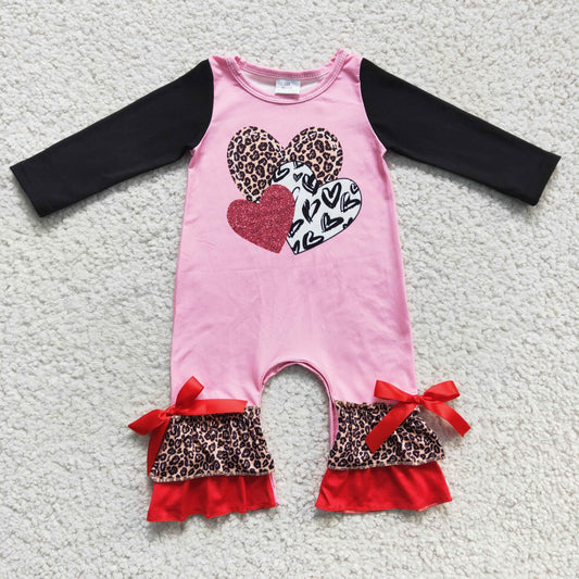 LR0251 baby Valentine's Day romper long sleeve long pants baby girls romper milk silk leopard heart print