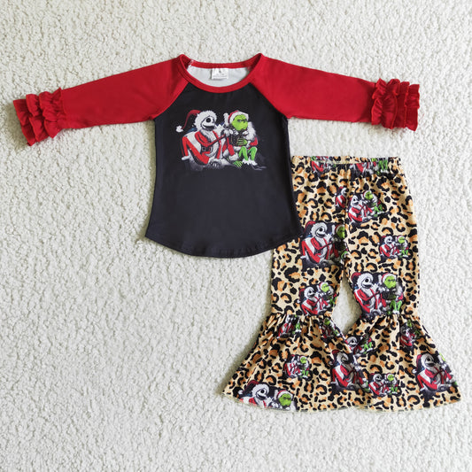 6C9-22 girls christmas outfit long sleeve and long leopard print pants cartoon print