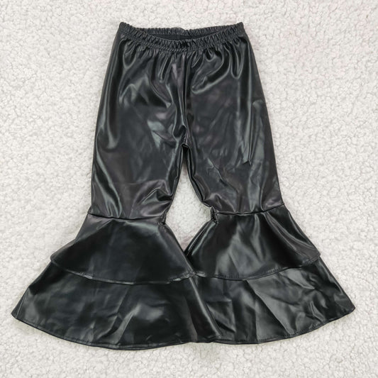 P0034 Girls Black Long Pants Leather Trousers