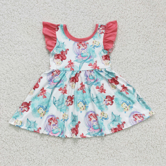 GSD0173 baby clothing flying sleeve kids dresses for girls milk silk cartoon print