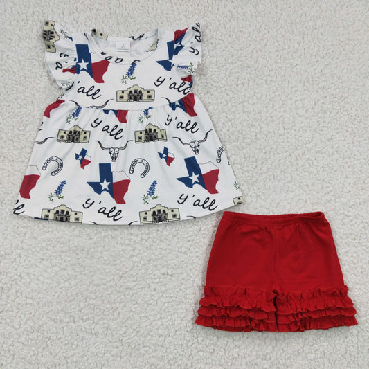 C14-17 Horn Flag Letter Flying Sleeve Red shorts Suit