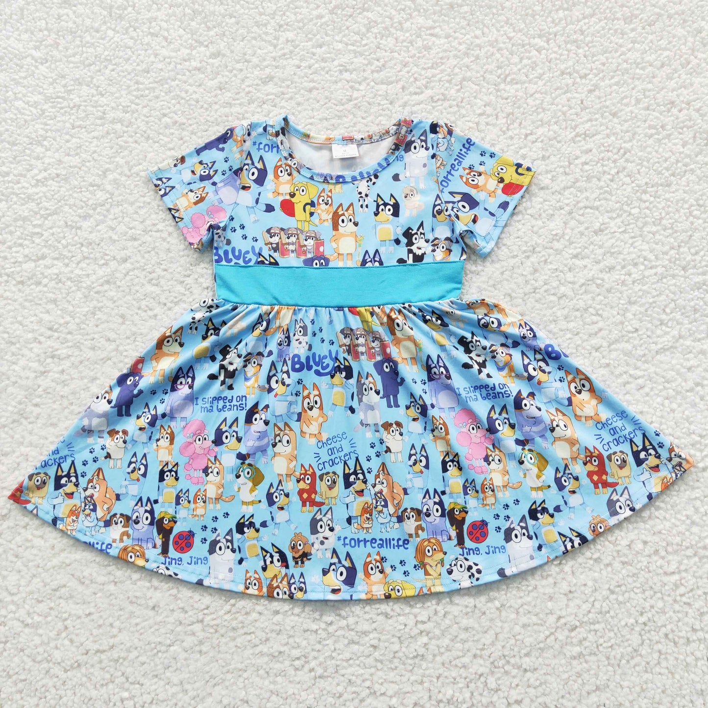 B7-4dog Light Blue Cartoon Dog Short Sleeve Dress