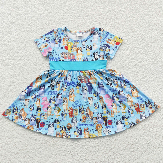 B7-4dog Light Blue Cartoon Dog Short Sleeve Dress