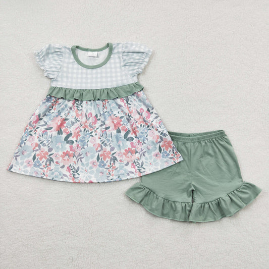 GSSO0247 Pink Flower Plaid Short Sleeve Grass Green Shorts Set