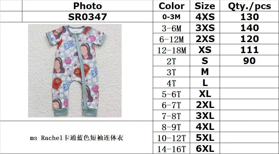 SR0347MRs Rachel cartoon blue short sleeve jumpsuit 0-3M -2T