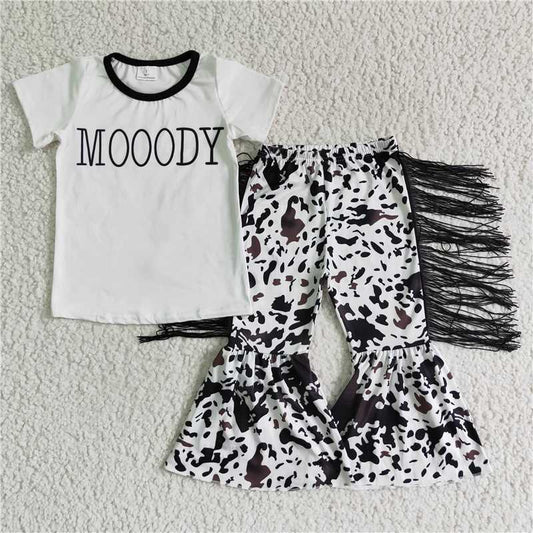 MOOODY Black Short Sleeve Cow Print Flared Pants