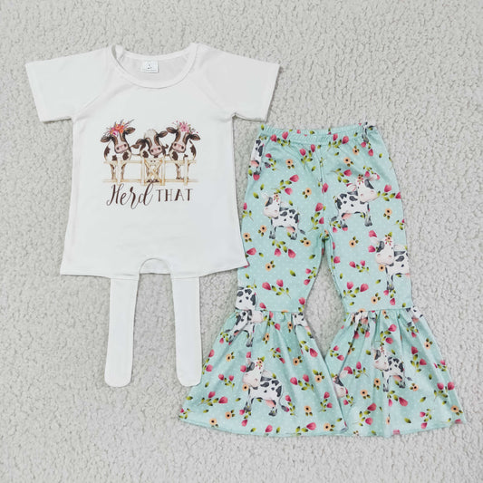 A12-15 Flowers Cow White Top Green Flared Pants Suit