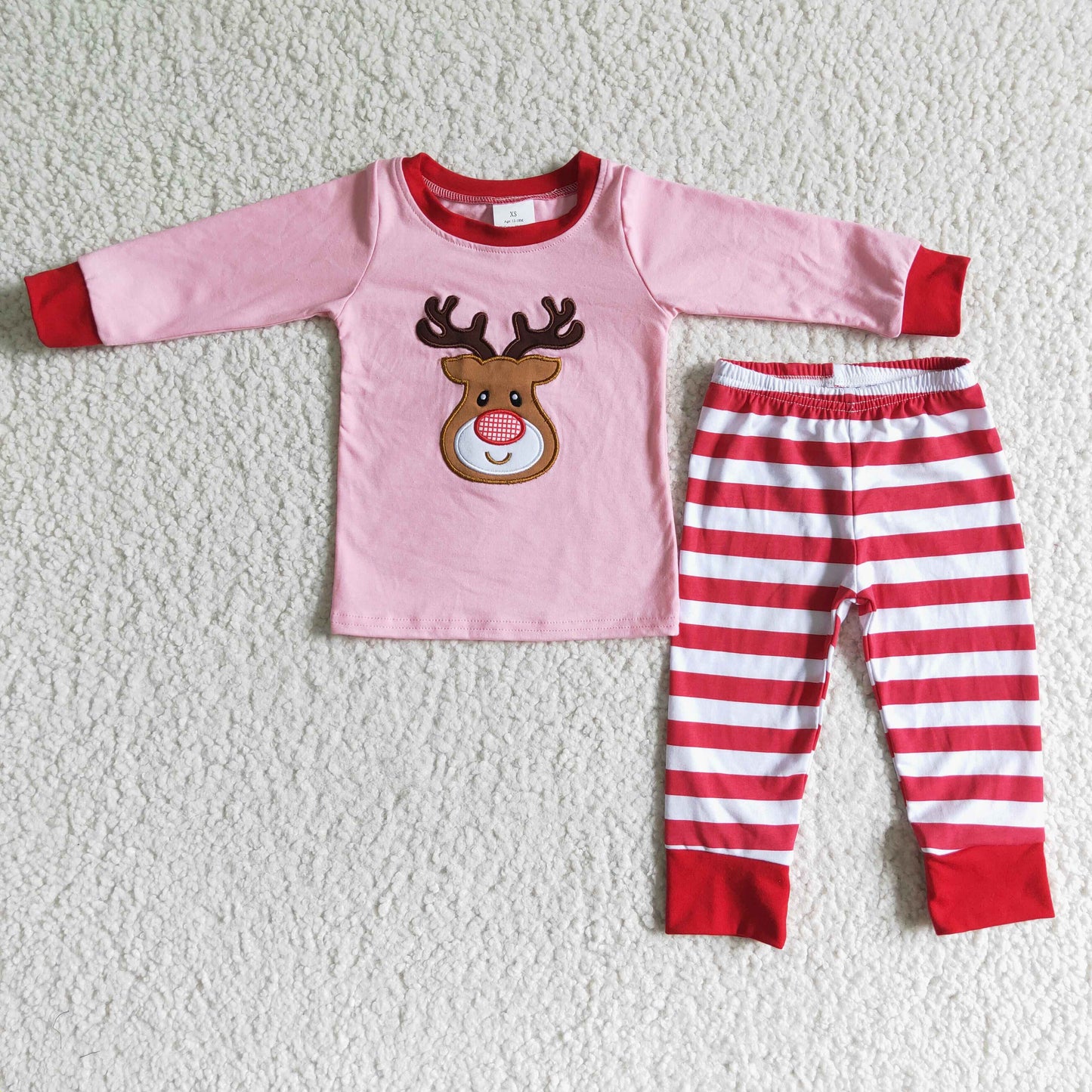 6 A27-12 Pink Deer Head Embroidered Cotton Striped Pajamas