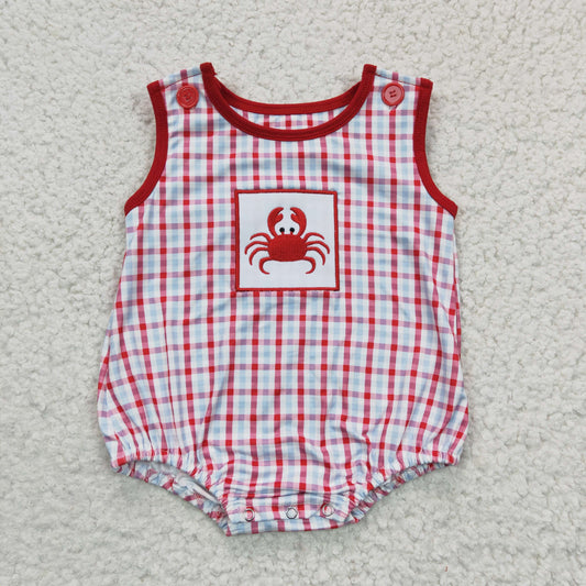 SR0157 Boys Embroidered Crab Red Plaid Vest summer romper