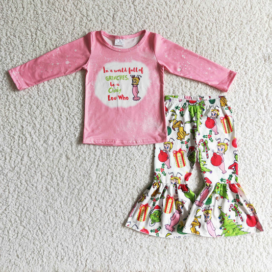 RTS NO MOQ（In Stock ) GLP0208 girls Christmas outfit long sleeve and long pants cartoon print