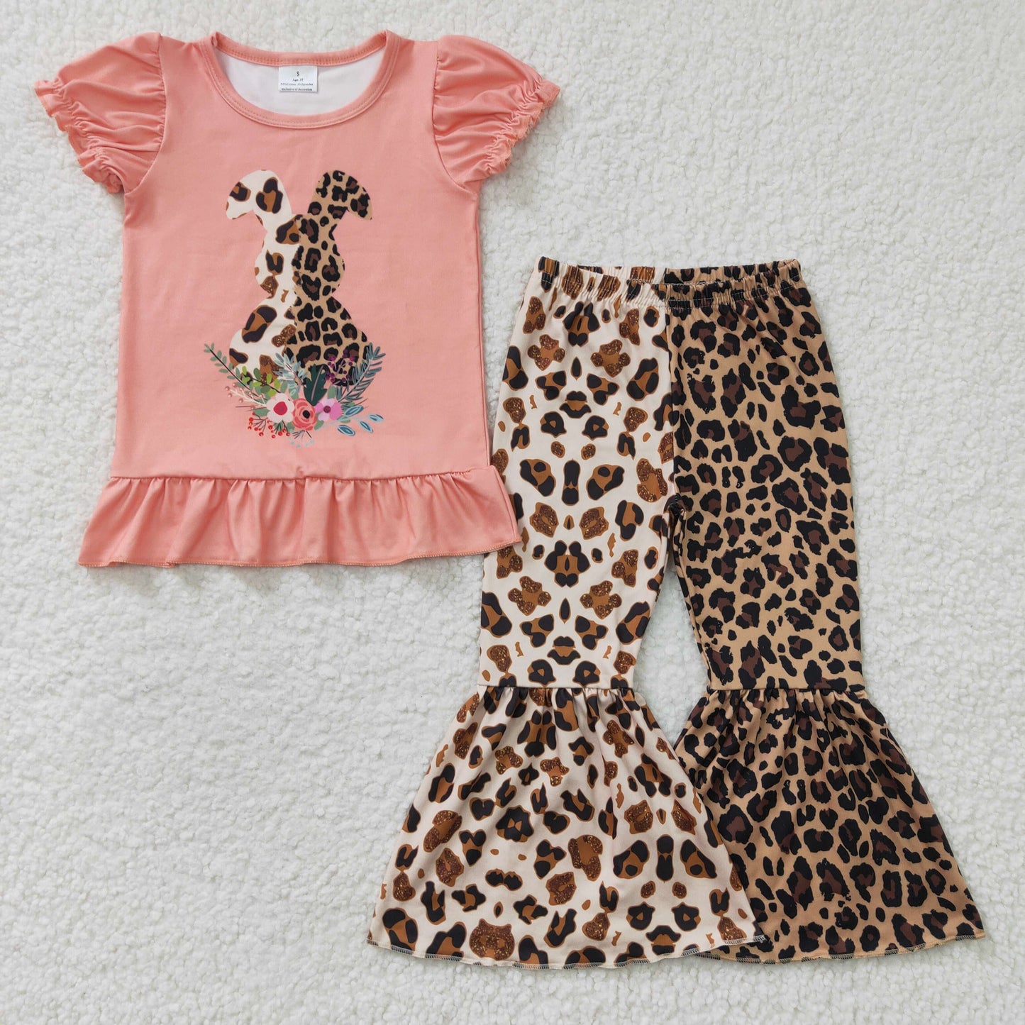 GSPO0261 Girls Leopard Bunny Orange Short Sleeve Trousers Set