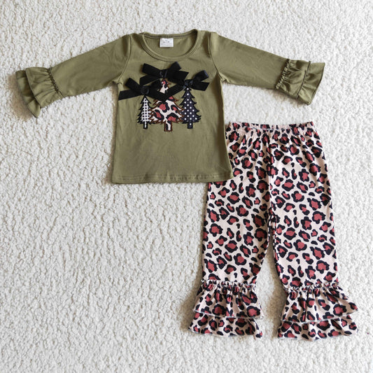 GLP0231 girls christmas outfit long sleeve and long pants christmas tree print