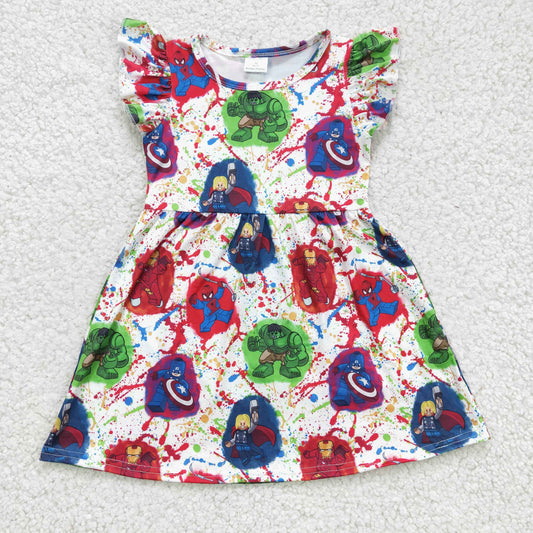 GSD0172 baby clothing flying sleeve kids dresses for girls milk silk cartoon print